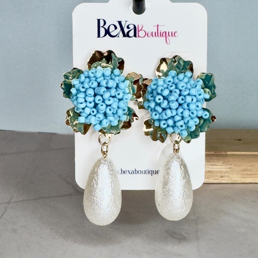 Blue and Gold Floral Earrings with Teardrop Pendant